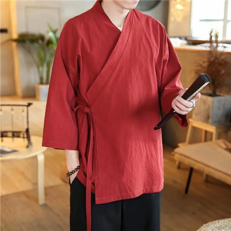 

Yourqipao Men's Chinese Style Linen Cardigan Jacket Loose Kimono Jacket Solid Color Self-tie Hanfu Traditional Tops Clothing 5XL