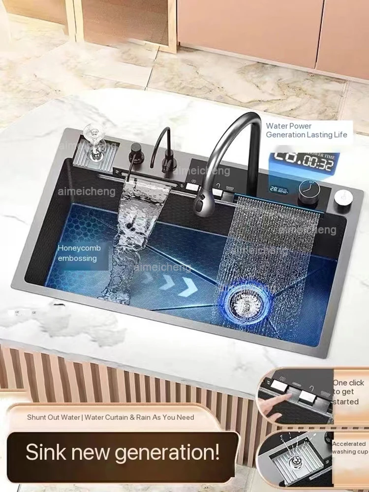 In stock in EU Stainless Steel Waterfall Kitchen Sink Digital Display Embossed Large Single-Slot Multifunctional Washbasin