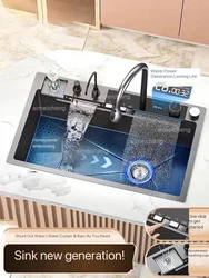 In stock in EU Stainless Steel Waterfall Kitchen Sink Digital Display Embossed Large Single-Slot Multifunctional Washbasin