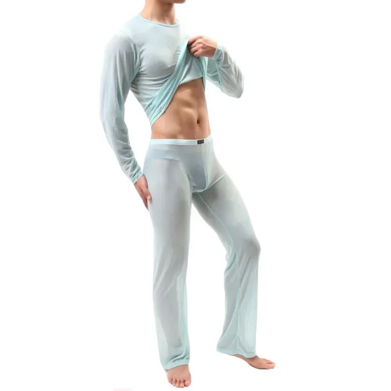 KWAN.Z pijama hombre thin transparent sexy men underwear pajamas sleepwear long sleevess pyjamas men mesh comfortable set