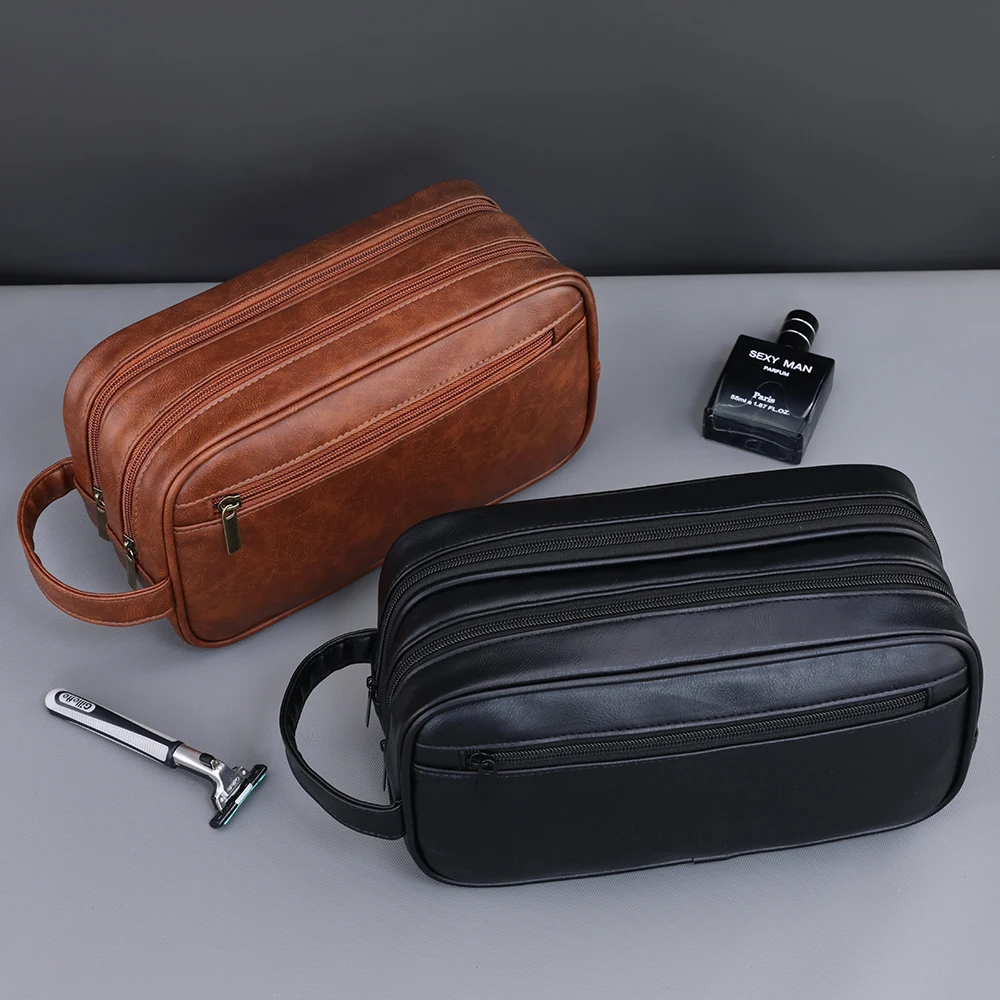 Double-Layer Toiletry Bag for Men PU Leather Travel Wash Organizer Dopp Kit Water-resistant Shaving Cosmetic Bag Strorage 5