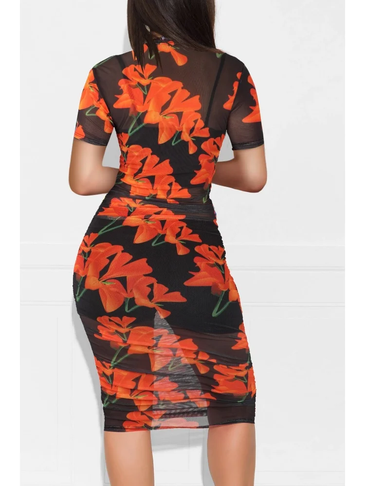 Wmstar 2025 New Women Fashionable Elegant Dress Printed Net Sexy Dress Short Sleeve Flower Pattern Knee Length Dress