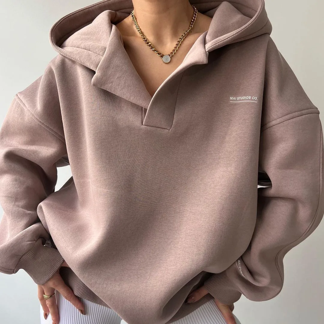 Autumn Women's Hoodie Grey Hat Long Sleeve V-neck Plus Velvet Keep Warm Hoodies Female Winter Trendy Casual Ladies Clothes new turtleneck sweater korean version men s casual round neck winter loose lapel sweater top plus velvet to keep warm