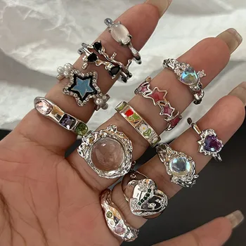 Y2K Crystal Rings Kpop Heart Adjustable Ring Irregular Geometry Punk Vintage Rings Set for Women Girls New Fashion Jewelry 1