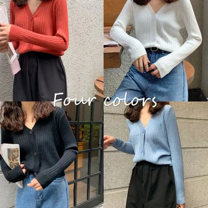 Spring Autumn New V-Neck Knitted Cardigan Women's Sweater coat Thin Sweater All-Match Jacket Pure Color Basic Small Cardigan - Image 2