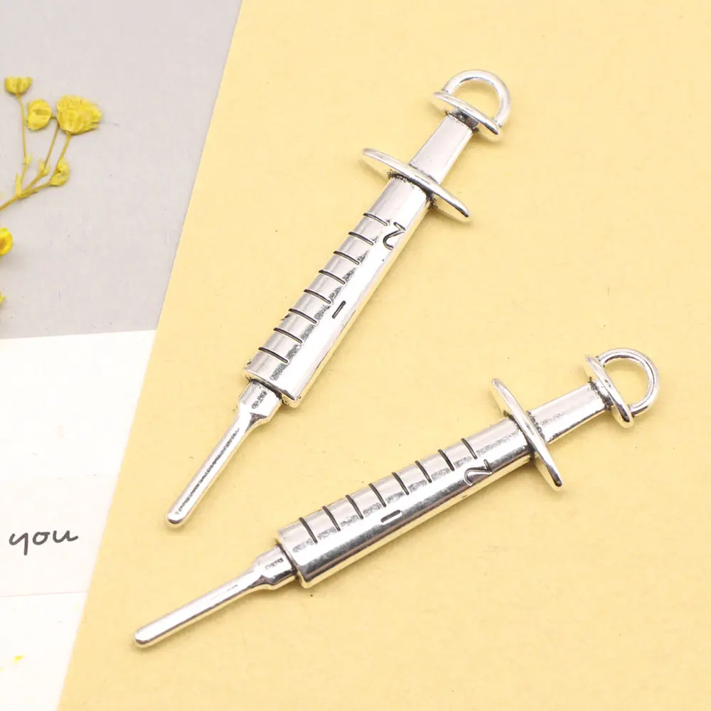 

3pcs 15x62mm Syringes Charms Jewellery Making Pendants Home Decor Crafts Jewelri For Woman Antique Silver Color