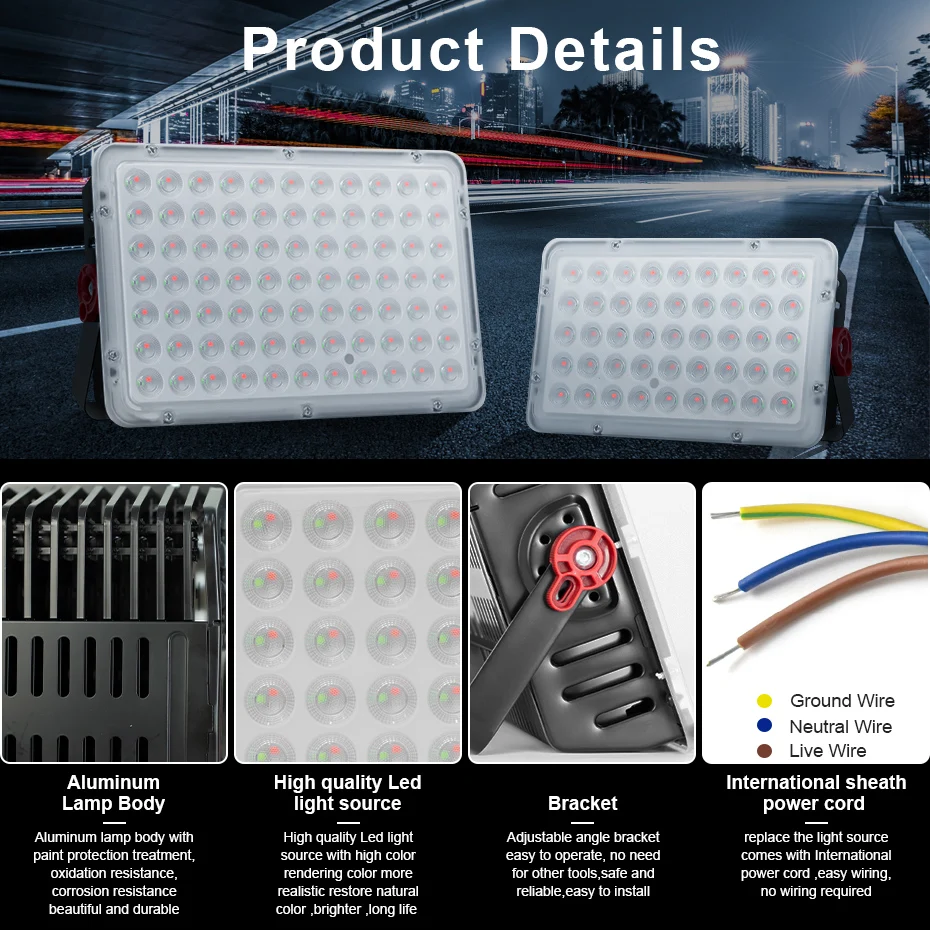 RGB 투광 조명, AC 220V LED 투광 조명, IP66 방수 LED 스포트라이트 프로젝터, 야외 조명 장식, 50W, 100W, 200W
