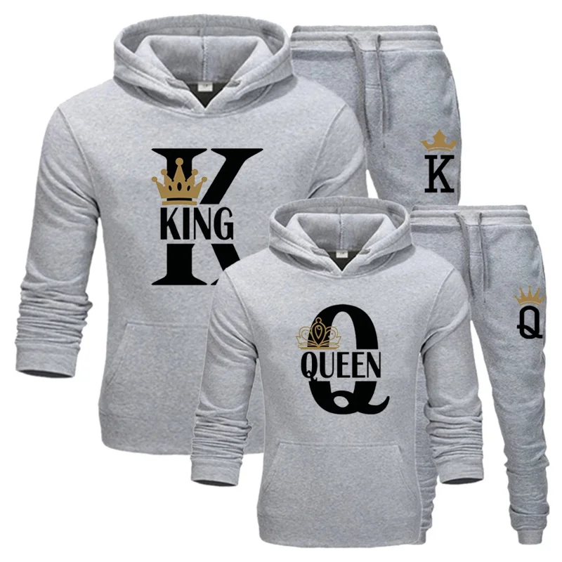 Men's And Women's Long Sleeves Lover Couple Sportwear Set KING QUEEN Printed Hooded Clothes 2PCS Set Hoodie and Pants Hoodies