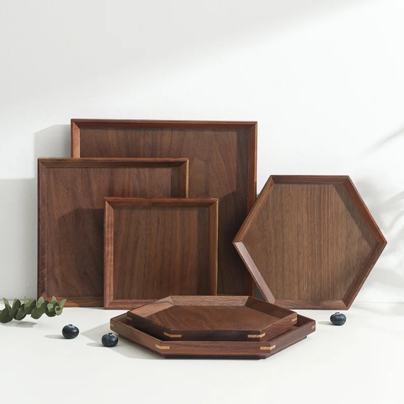 Black Walnut Solid Wood Tray Tea Cup Tray Coffee Dessert Household Kitchen Storage