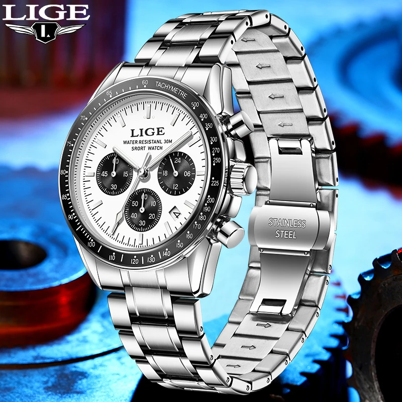 

LIGE Men's Watches Business Quartz Wristwatch Stainless Steel Waterproof Big Chronograph Luminous Auto Date Watch for Men Clocks