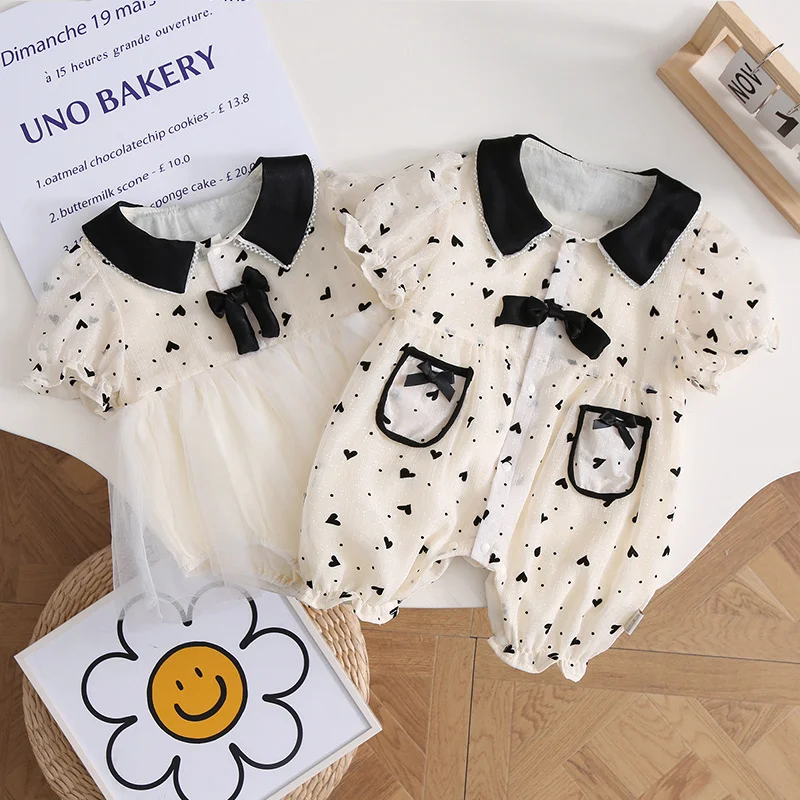 

2023 Summer New Baby Girl Sweet Jumpsuit Korean Match Sister Dress Newborn Bodysuits for Infants Treasure Short Sleeve Rompers