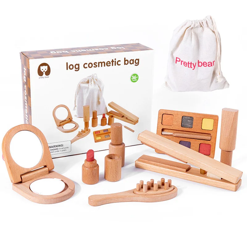 Wooden Pretend Play Makeup Toys for Girls Simulation Cosmetics Kit Toddler Lipstick Eye Shadow Sets Beauty Dress Up Gift for Kid