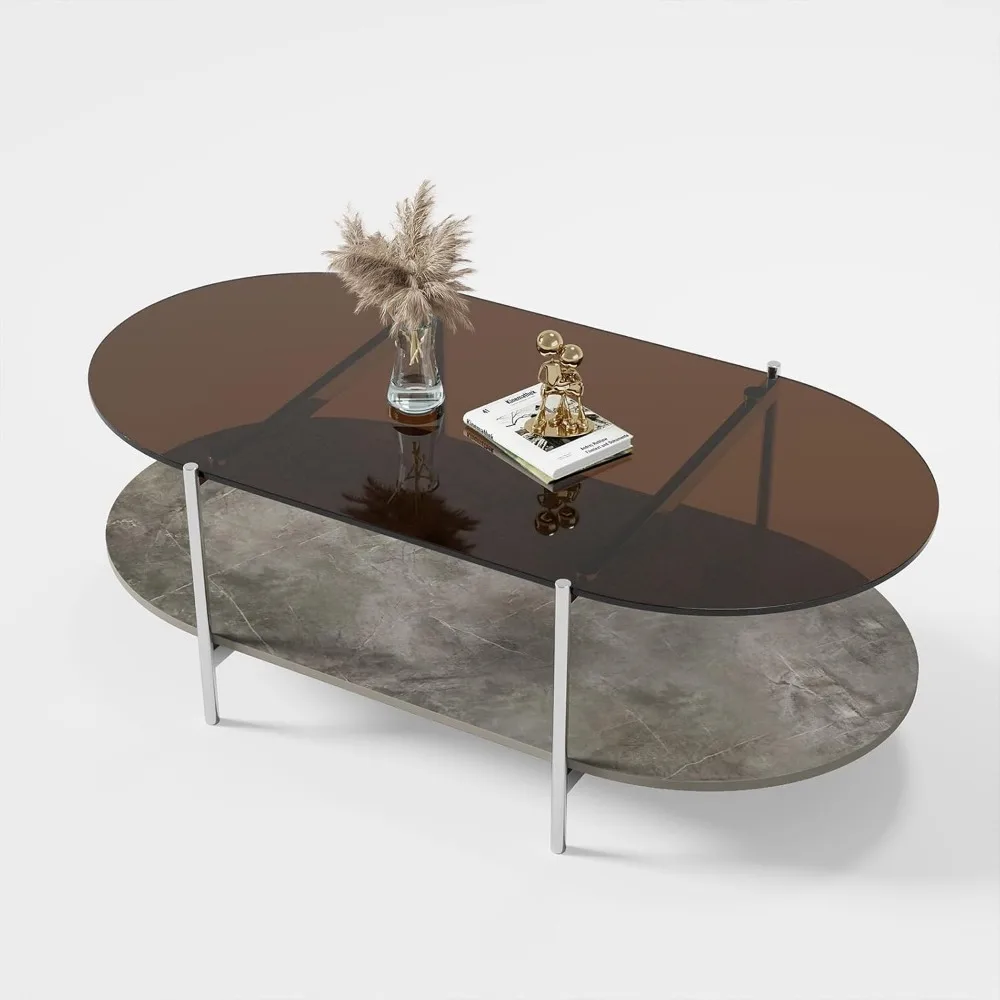 Tempered Glass and MDF Wooden Coffee Table, 2-story Modern Side Table with Storage Space 3