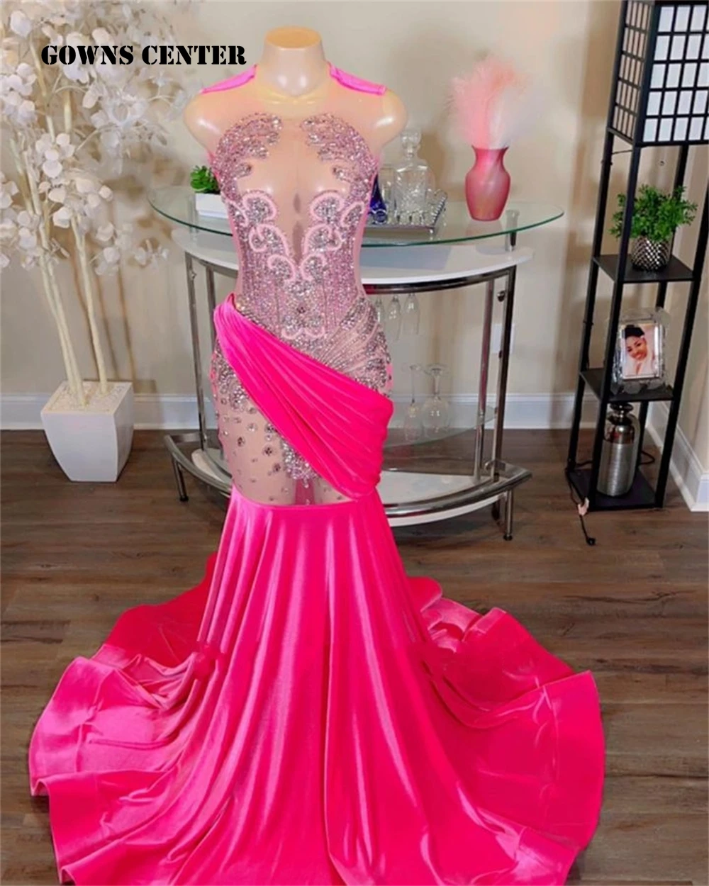

Velvet Hot Pink Prom Dress For Wedding Black Girl 2024 Crystal Gillter Mermaid Birthday Reception Gown See Thru robe de bal