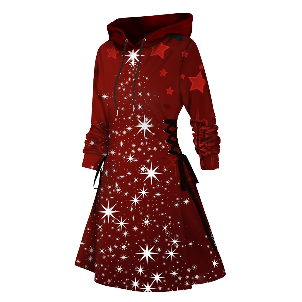

Рождественское женское повседневное рождественское платье со звездой и 3D принтом, мини-кофты с капюшоном платье на шнуровке, ТРАПЕЦИЕВИДНОЕ ПЛАТЬЕ С Капюшоном, Vestido Feminino