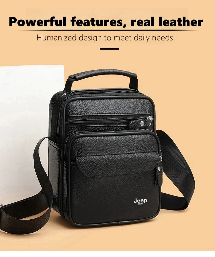 JEEP BULUO Brand Genuine Leather Men Shoulder Bags Black High Quality Male Cow Leather Crossbody Tote Handbags Business Fashion