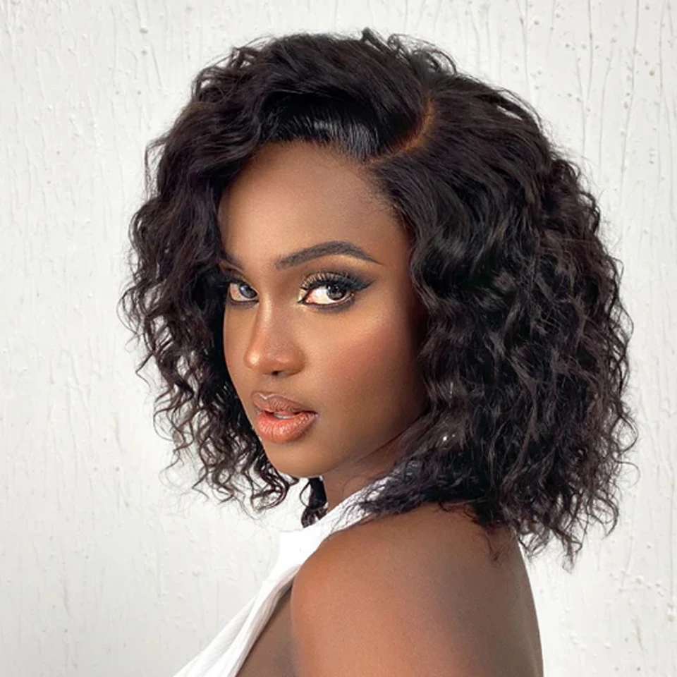 Brazilian Human Hair Lace Front Wigs Water Wave C Parted Glueless Undetectable Minimalist With Bangs Short Curly Bob