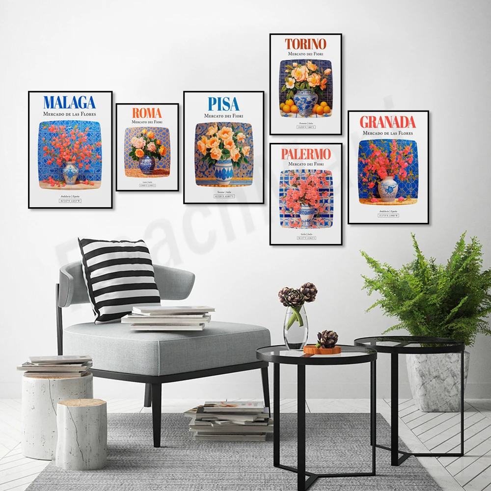 Italia, Francia Ile-De-Francia, Amsterdam, Barcellona, Spagna, Pisa Mercato Dei Fiori, Poster Maiolica Con Bouquet Di Camelia In Vaso