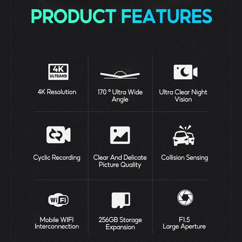 4K Ultra HD Dash Cam Night Vision 170&deg; Wide Angle Dash Camera 2.4G Wifi Smart Connectivity Drive Recorder Car DVR