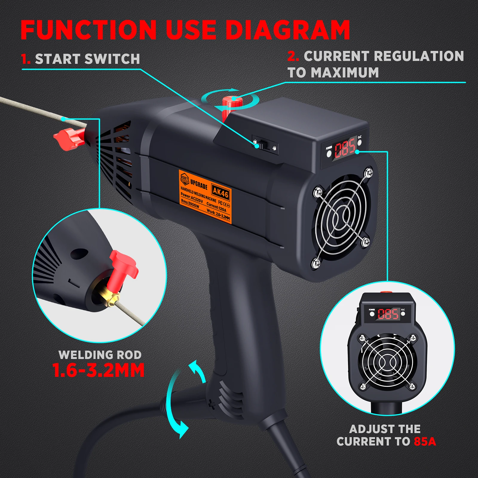 Handheld Portable Electric Arc Welding Machine 220V 3900W 120A Intelligent Welder Current Adjustment for 2.0-3.2 mm Electrode