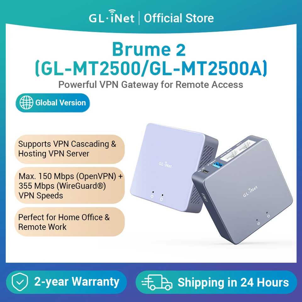 GL-iNET (Brume 2) GL-MT2500/MT2500A Mini VPN Security Gateway for