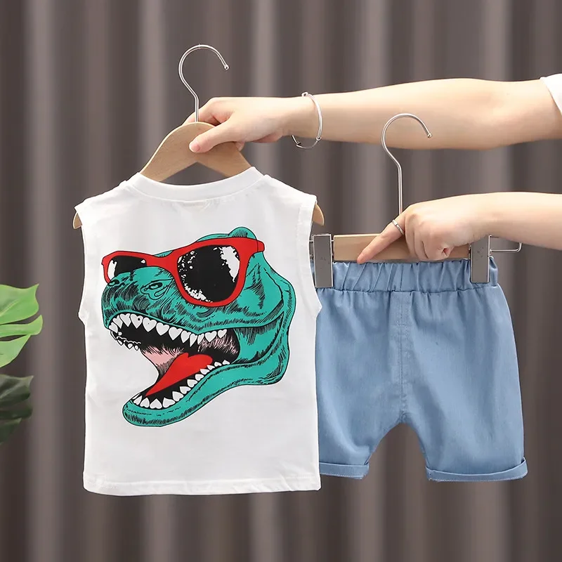 

New Summer Tops Children Boys Girls Baby Fashion Infant Dinosaur Clothing Set Kids Cotton Cartoon Vest Shorts 2PCS/Sets Suit