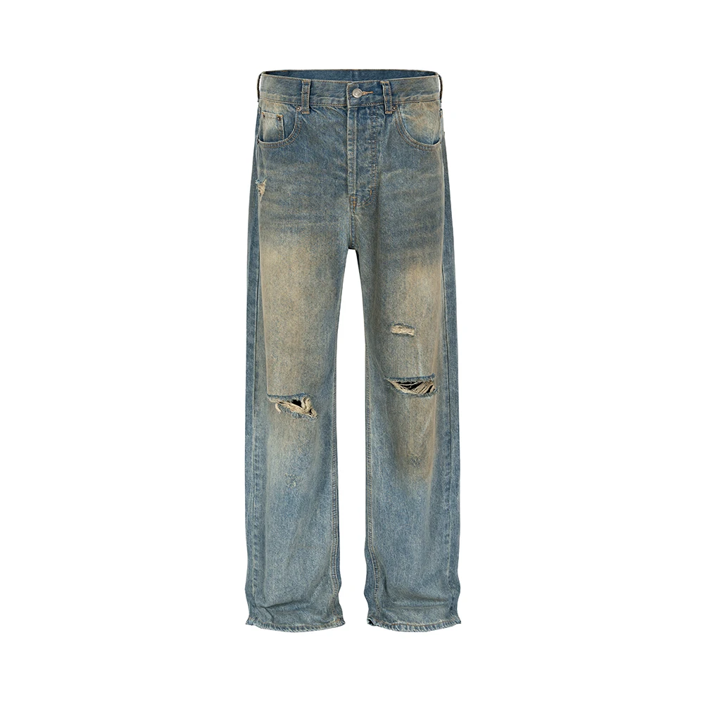 

Y2k Yellow Mud Dyed Hole Baggy Jeans Pants Unisex Streetwear Pantalones Hombre Casual Frayed Ripped Denim Trousers Oversized