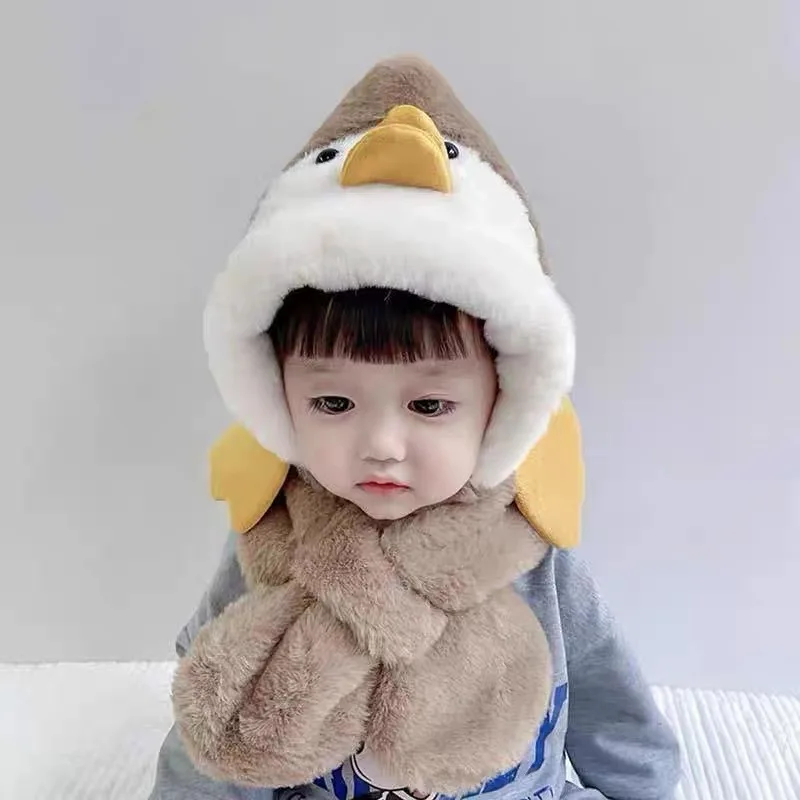 Autumn and Winter Cartoon Scarf One Piece Hat with Thick Windproof Ear Protection and Velvet for Boys Girls