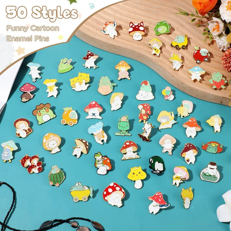 50 Pieces Mushroom Frog Enamel Pin Cute Enamel Backpack Pin Cartoon Lapel Badge Set Pin Mushroom Gift