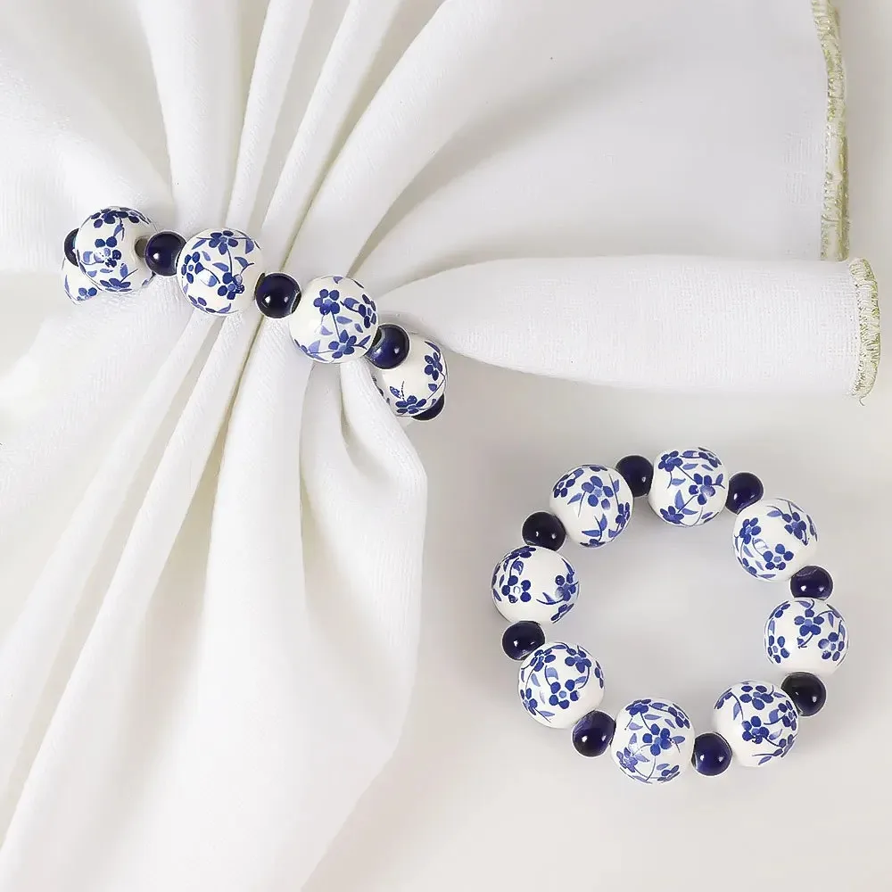 6pcs Creative Ethnic Style Hand-painted Blue And White Beads Napkin Ring Home Table Decoration Napkin Buckle