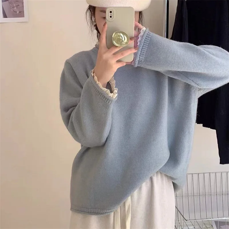 Autumn Female O Neck Long Sleeve Lace Pullover Knitwear