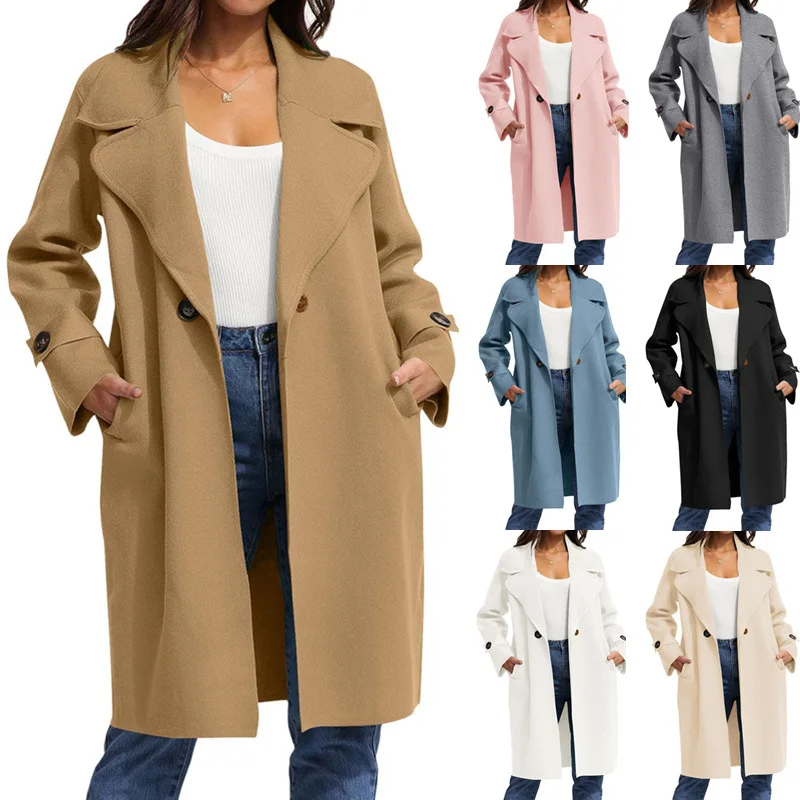 2023 New Autumn and Winter Elegant and Fashionable Solid Polo Neck Warm Temperament Commuter Women's Casual Long Cardigan Coat