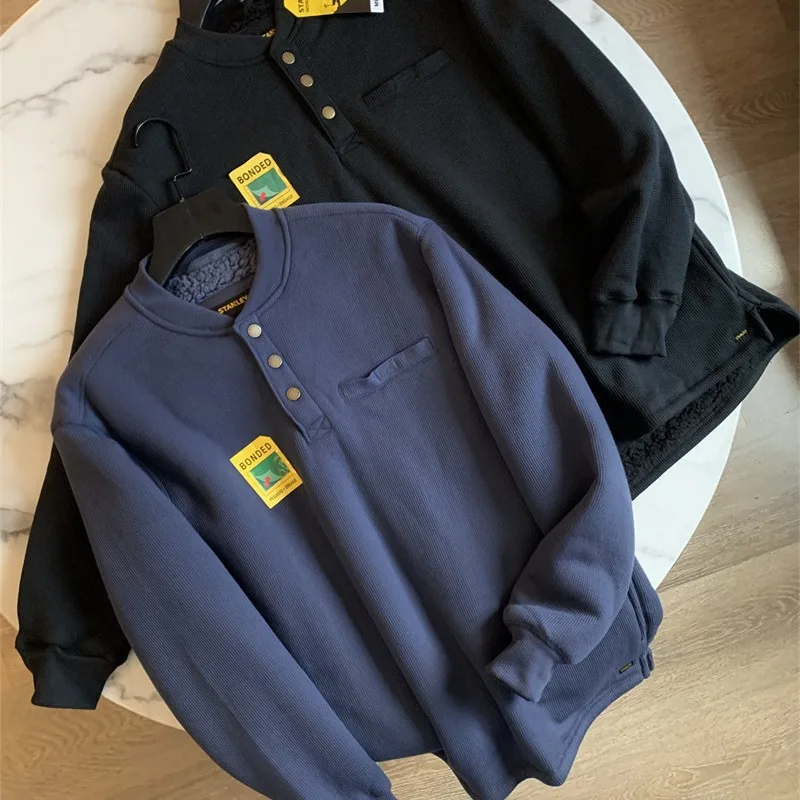 

Men Casual Henry collar Hoodies Thickened Lamb Velvet Lining Warmth Windproof Pullover Autumn Winter Outdoor Sports Sweater Male