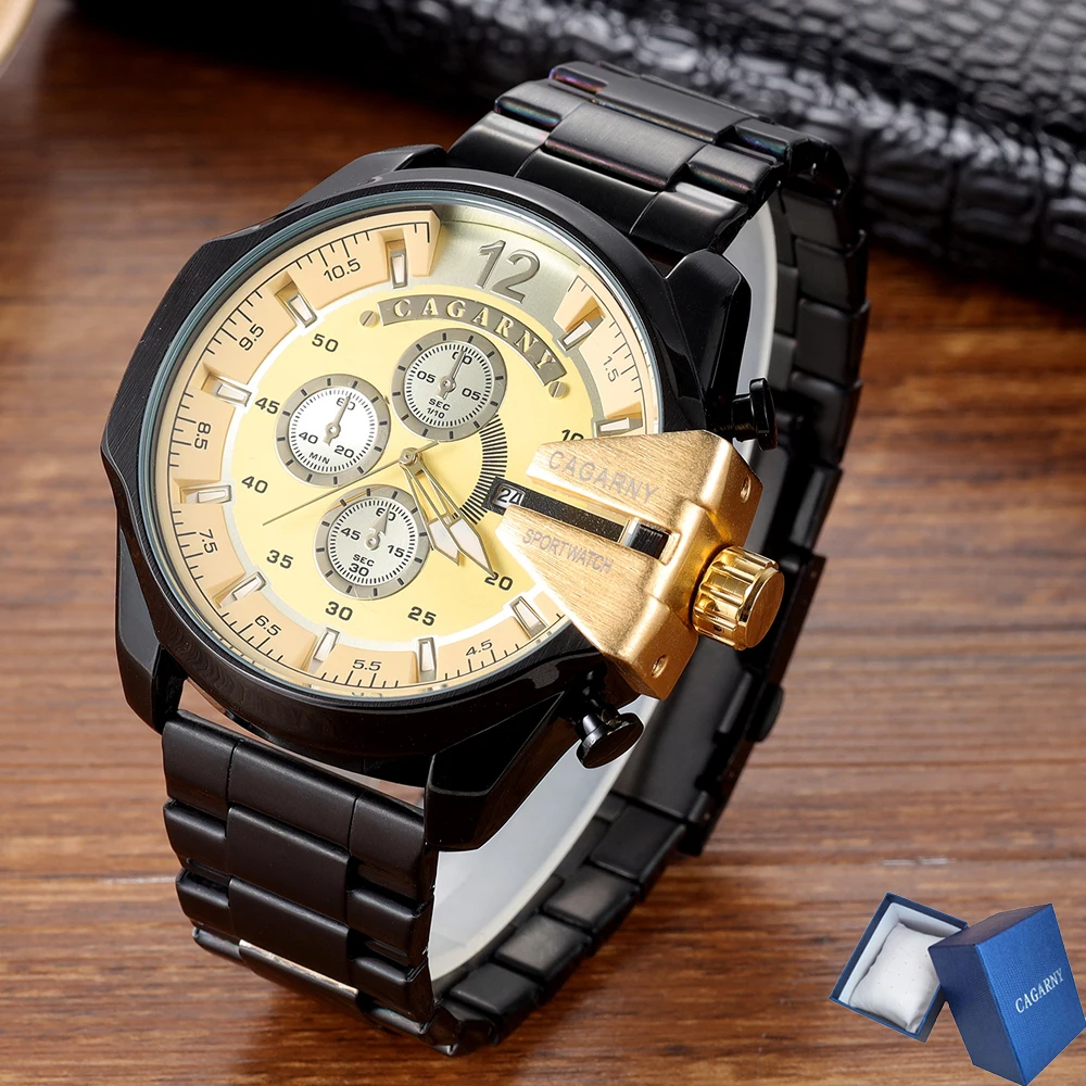 Cool Black Gold Mens Watches Man Luxury Brand Large Case Quartz Watch for Men Stainless Steel Relogio Masculino Male Clock XFCS