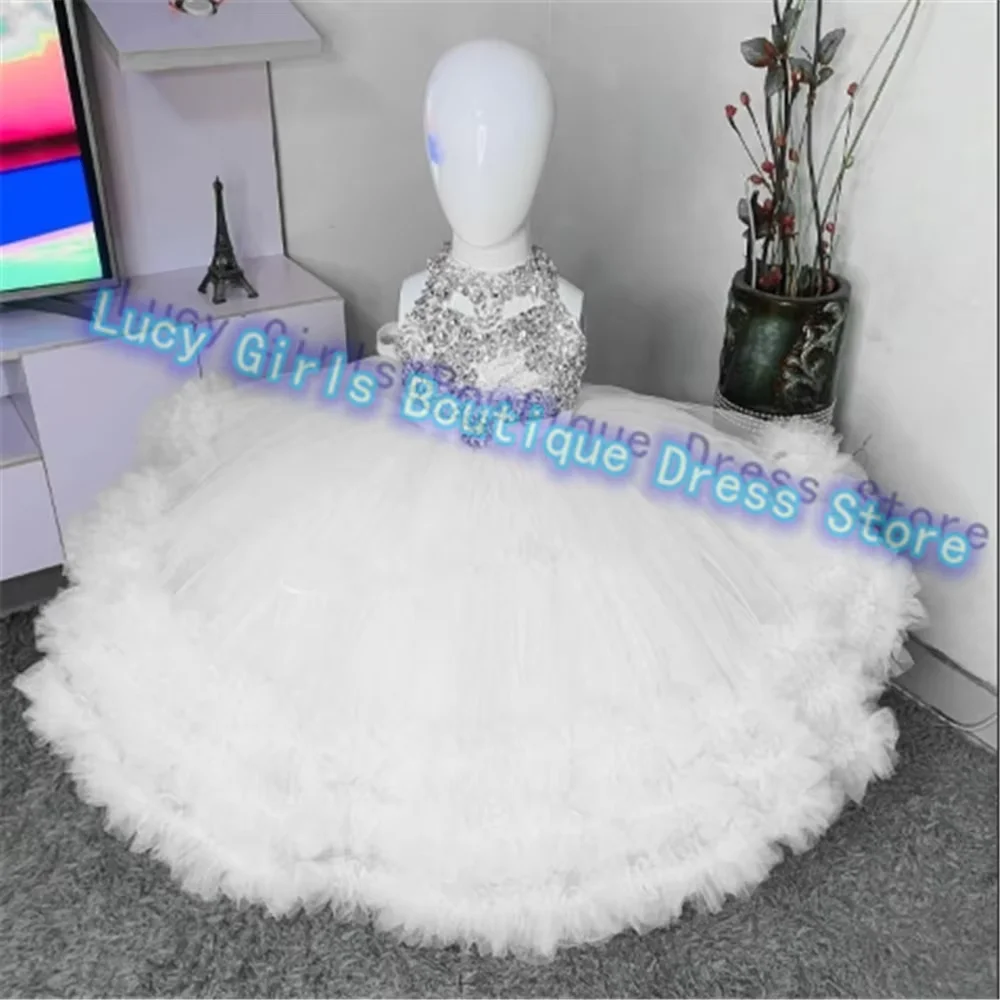 Lovely Fluffy Yellow Flower Girl Dress Sleeveless Tulle Beading for Wedding Party Little Baby Girls Prom Kids Birthday Gowns
