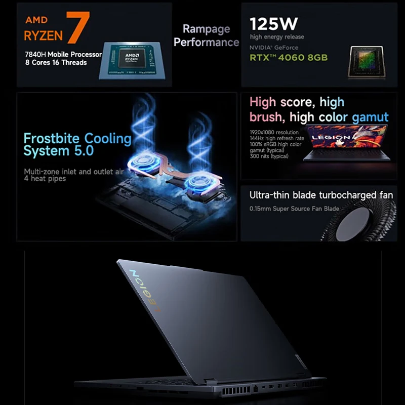 레노버 게이밍 노트북 PC, LEGION R7000 15.6 인치 144Hz AMD Ryzen7 7840H 16 32G DDR5 512G 1TB 2TB PCie 4.0 SSD RTX4060