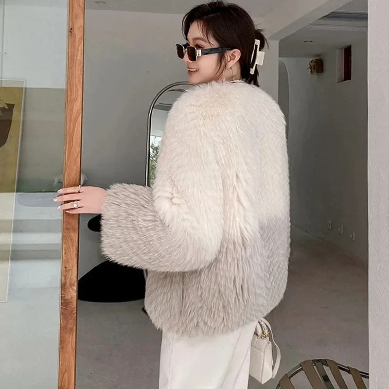 New Style Women's Warm Elegant Faux Fox Fur Coat Korean Fashion Winter Fluffy Faux Fur Coat High Quality Fur Coats for Women