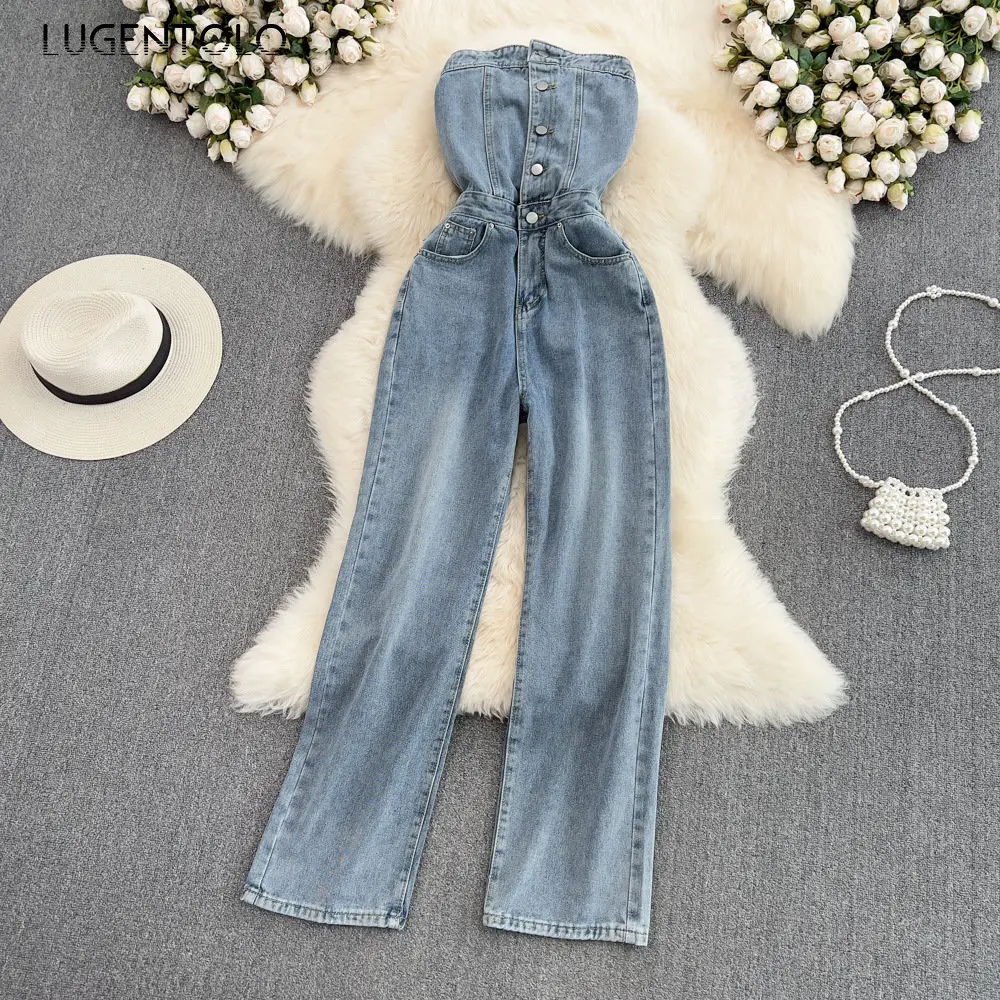 

Lugentolo Women Sexy Denim Jumpsuits High Waist Backless Skinny Tube Top Stretch Vintage Single Breasted Straight Wide-leg 2023