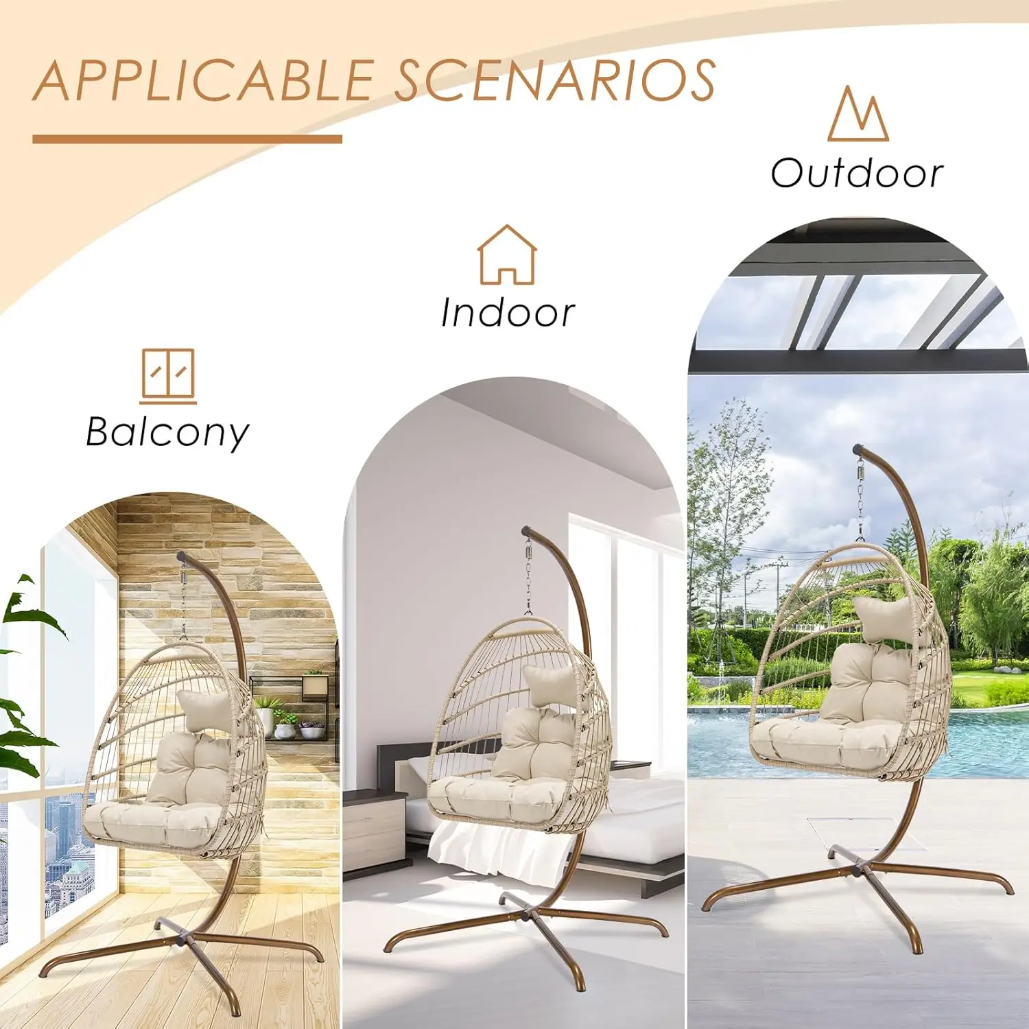 Swing Egg Chair with Stand Indoor Outdoor Wicker Rattan Patio Basket Hanging Chair UV Resistant Cushions 350lbs Capacity