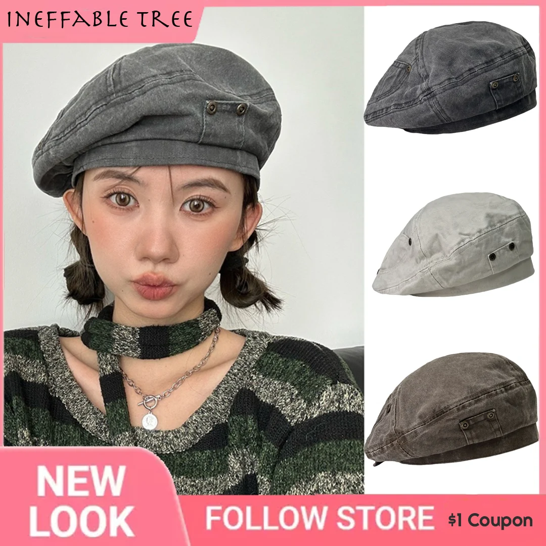 

Y2K Japanese Workwear Casual Flat Top Beret Hats for Women Washed Painter Hat Men Pocket Design Autumn Caps Sombreros De Mujer