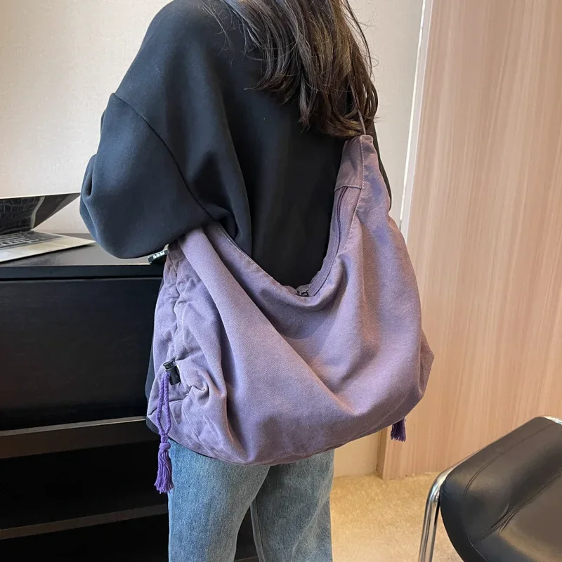 Solid Color Washed Canvas Bag Fashionable Large Capacity Single Shoulder Crossbody Bag Casual Versatile Commuting Bag