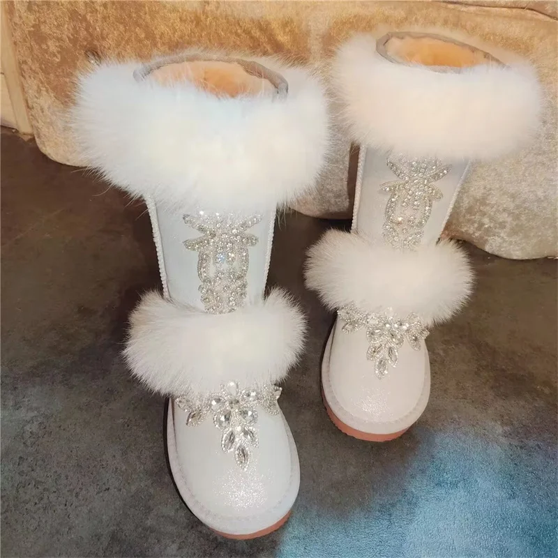 

Winter cashmere warm boots rhine-diamond white fox hair boots handmade custom fur boots women's large size 35-44