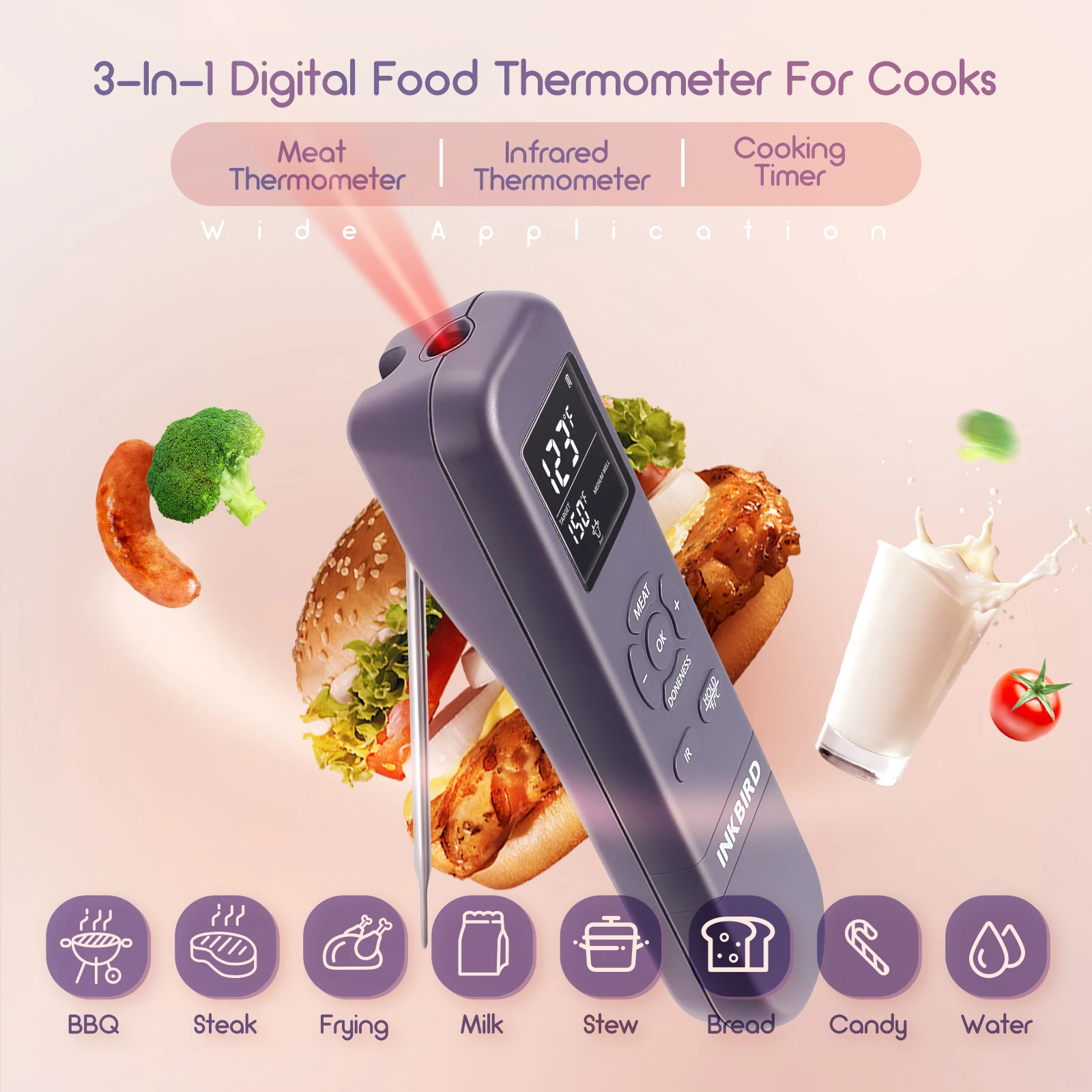 INKBIRD-termómetro de carne de lectura instantánea, 3 en 1, Digital, retroiluminación, plegable, cocina, barbacoa