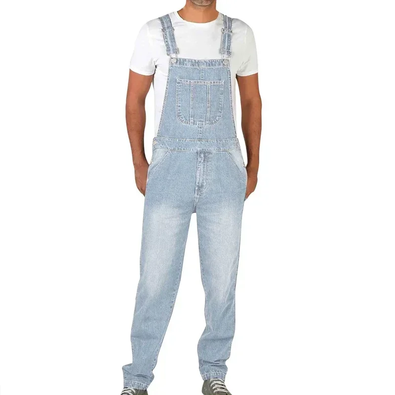 Spring/summer men's jeans small leg suspenders one-piece high-waisted solid color plus size personality blue long suspenders