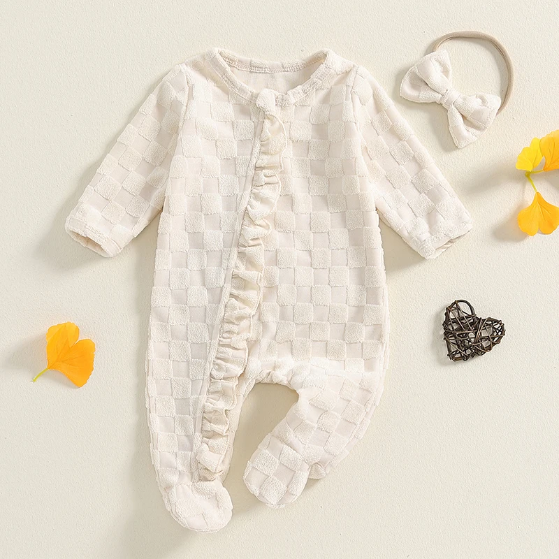 -06-13 Lioraitiin Newborn Girl Outfit, Frill Trim Long Sleeve Fleece Footed Jumpsuit Bow Headband 2Pce Set for Fall Winter