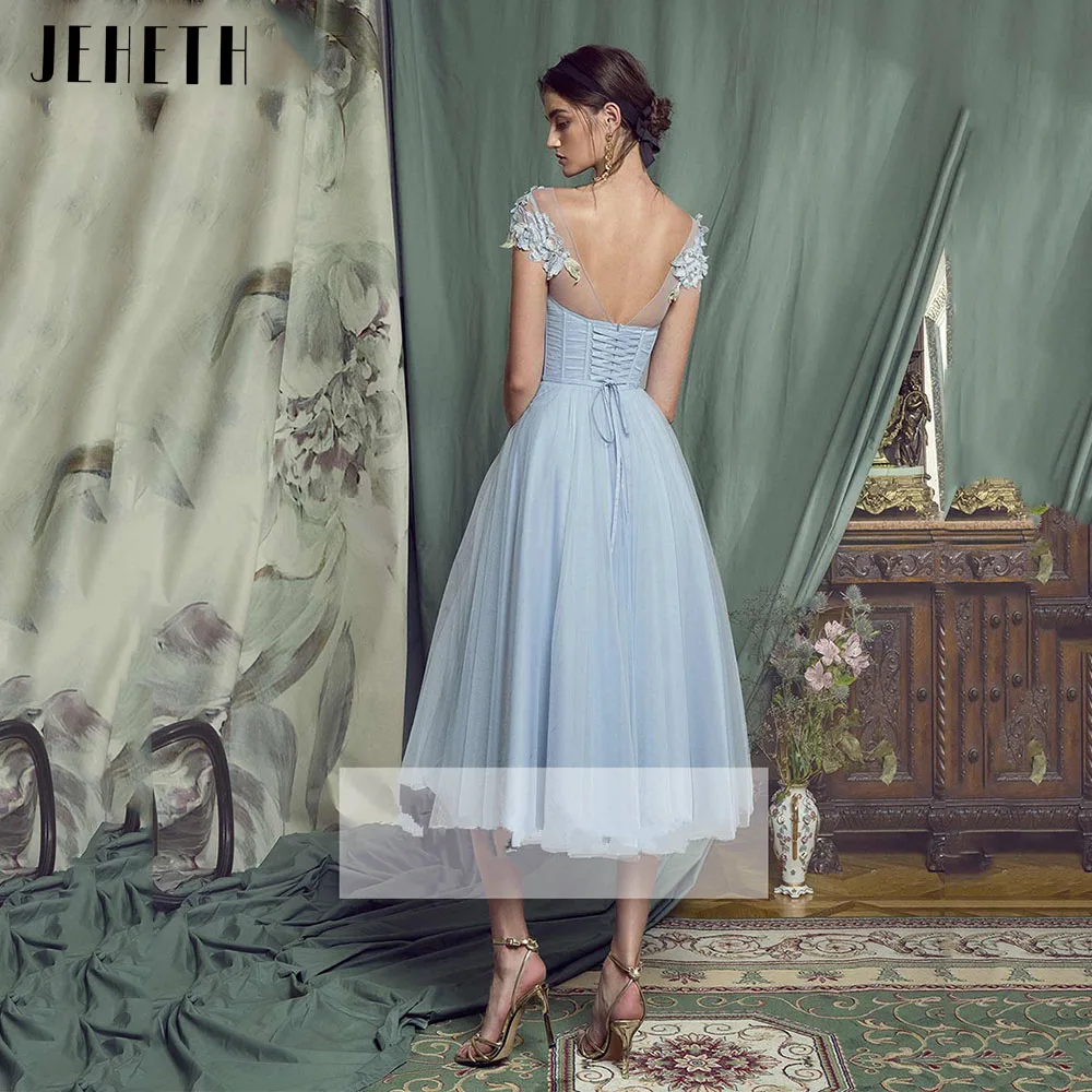 JEHETH Sky Blue A Line Short Appliques Prom Dress Lace-up Backless Princess Celebrity Evening Gown Tea Length robes de soirée