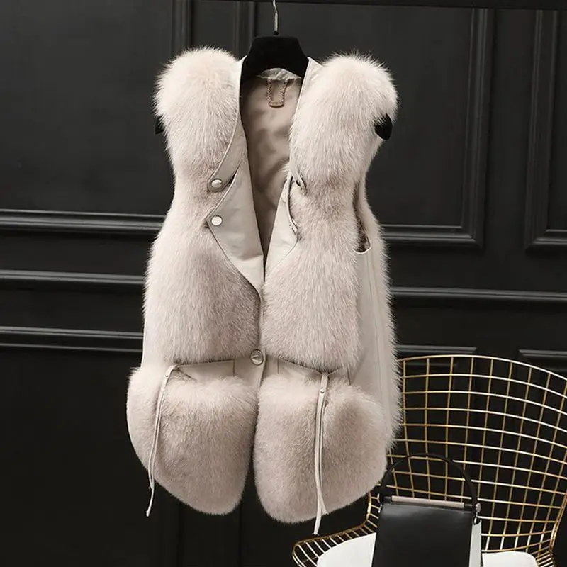 

Winter New Women Faux Fox Fur Coat Thicken Warm Casual Waistcoat Slim Short Outwear Fashion Patchwork Solid Color Outcoat 2023