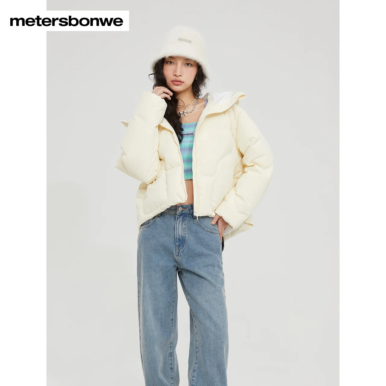 Metersbonwe Short  Down Jacket Women Lapel Collar Parker Coat Ladies 2023 New Fashion Basic Warm Jackets White Outerwear