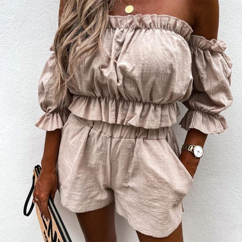 Homewear Summer Two Piece Sets Sexy Matching Set Slash Neck Women New Soft Crop Tops and Shorts Outwear Ruffles Beach Sets G2757 plus size sweat suits Women's Sets