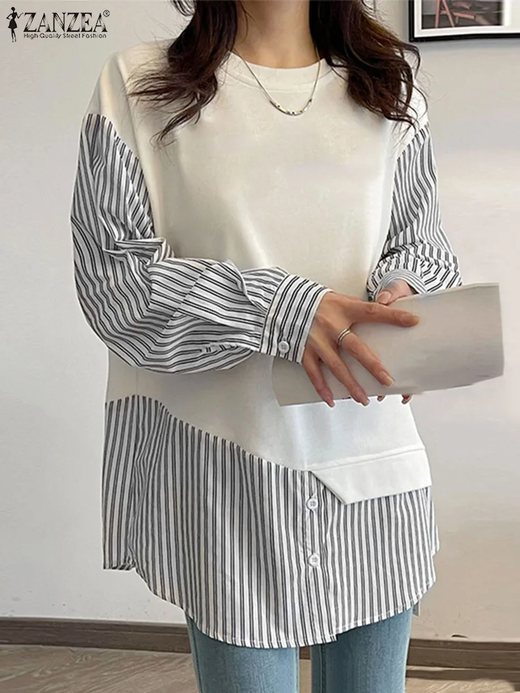 2024 ZANZEA Casual Stripe Patchwork Sweatshirts Fashion Button Cuffs Hoodies Long Sleeve O-Neck Pullover Woman Elegant Chemise